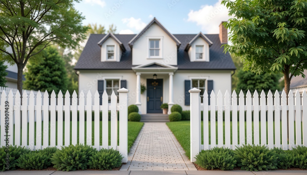 Charming suburban house with white picket fence blue sky Charming suburban house with white picket fence blue sky