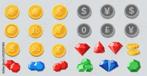 Gold and Silver Coins Assortment with Dollar, Yen and Other Currencies and Red, Green and Blue Diamond Gems Set for Finance, Gaming and Investment Concepts