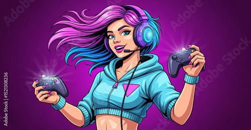 Gamer Girl Holding Two Game Controllers | Young Woman with Headset Playing Video Games for Streaming, Esports and Gaming Content