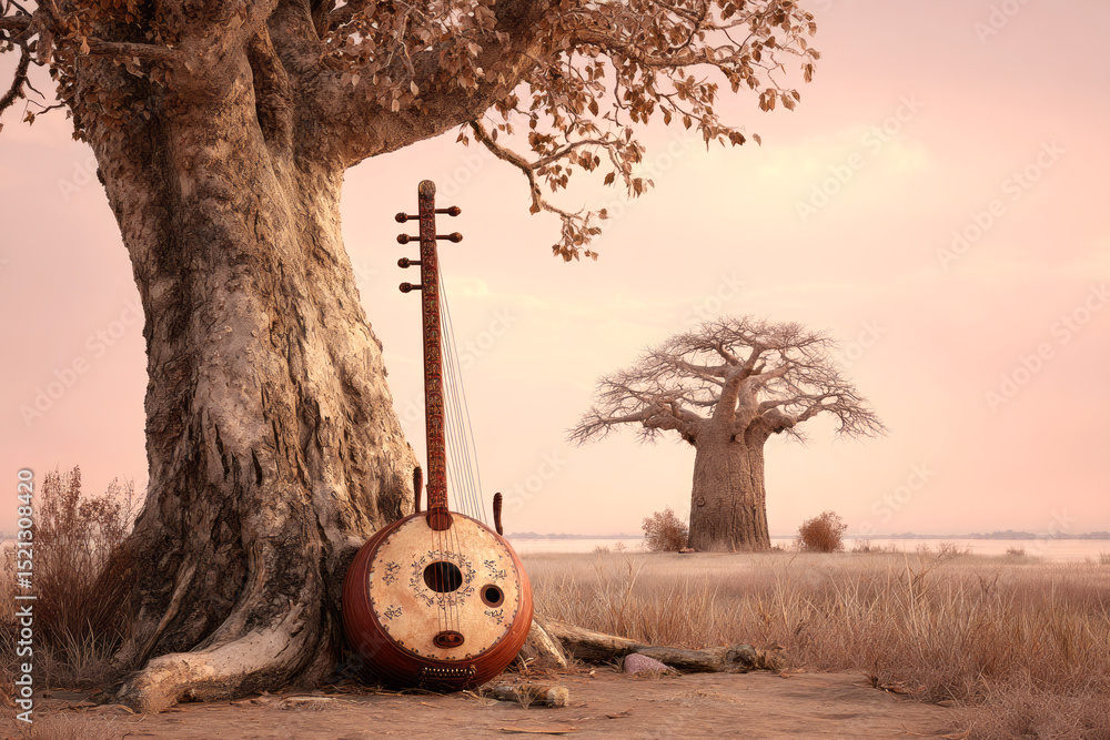 Naklejka premium West African kora with ornate resonator resting against a large baobab tree in a dry savanna landscape under soft evening light — ai generative.