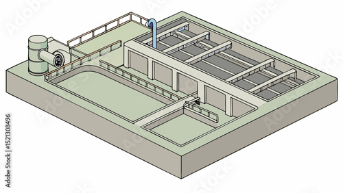 Isometric view of a water treatment plant showing various stages of water purification process clearly