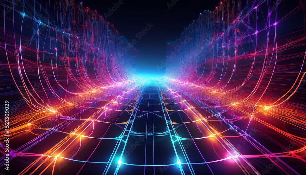 Obraz premium a dynamic 3d background depicting an intricate web of interconnected glowing threads each pulsating with vibrant neon hues the abstract and futuristic design conveys a sense of energy and digital