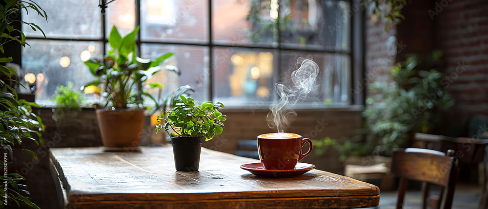 Fototapeta premium Loft cafe interior with steaming coffee on a wooden table, Edison bulbs, and lush plants by sunlit windows.
