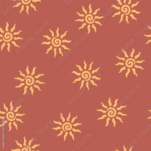 Abstract summer background with hand drawn sun sign. Vintage vector seamless pattern. Retro repeat ornament wallpaper. Nostalgic colored fashion allover print
