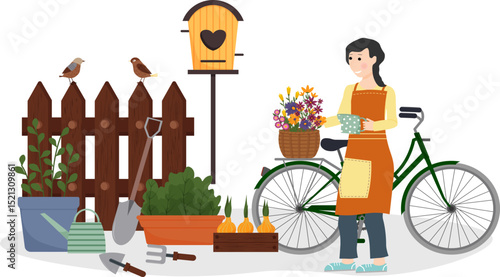 Garden tools. Pots with plants near the fence. Birds and a birdhouse. Gardening in spring. Garden improvement. Girl with a bicycle. Basket with wild flowers. Vector illustration