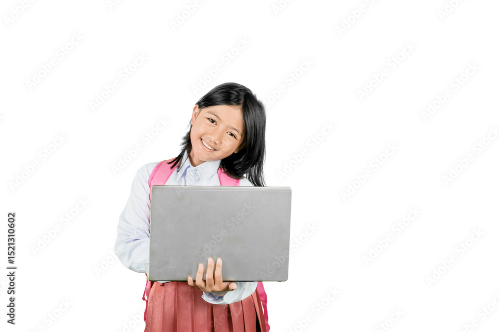 Smiling Asian Schoolgirl Presenting Laptop for Online Education on White Background Smiling Asian Schoolgirl Presenting Laptop for Online Education on White Background