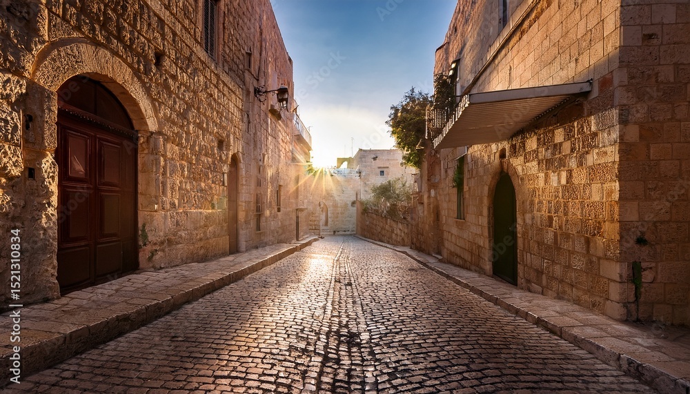 Fototapeta premium an empty street in the city of jerusalem in the early morning sunlight eliminates the street and lights up the cobblestones biblical city real photo