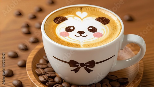 Cute Panda Latte Art in White Cup with Coffee Beans on Wood Table