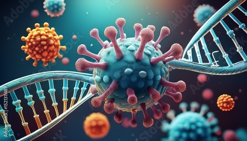 3d virus cells attacking a dna strand