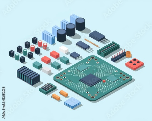 Isometric view of electronic components arranged on a light blue background