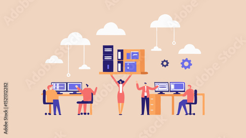 People working at computers with a woman holding a shelf with files under cloud icons and gears above