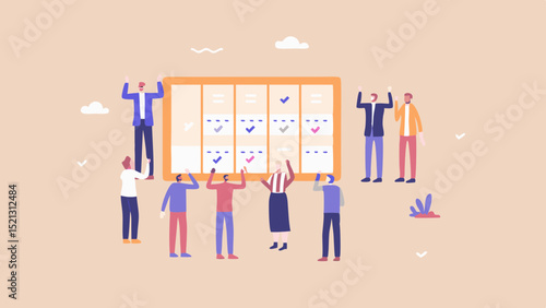 Tableau sur toile Illustration of a team celebrating project completion in front of a task board w