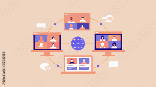 Online meeting with multiple screens showing participants connected through a central network globe