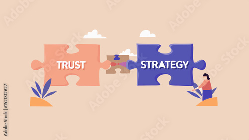 Illustration showing trust and strategy puzzle pieces connecting, with a person nearby the strategy