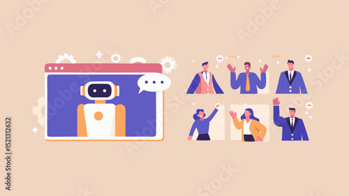 Illustration of a robot on a screen with people interacting in a virtual meeting environment online
