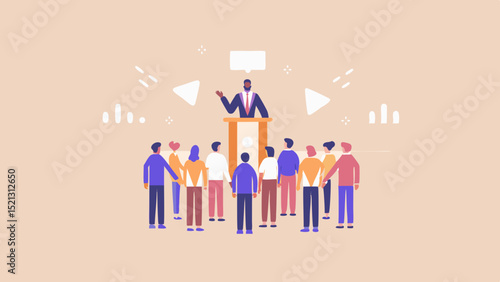 Speaker addressing a crowd from a podium with speech bubble and abstract shapes around them