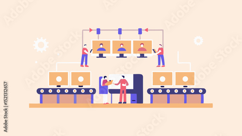 Illustration of a production line with workers and monitors showing faces on the conveyor belt