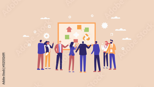 Group of people standing and discussing in front of a whiteboard with icons and shapes displayed on it