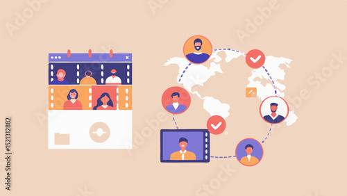 Video conference call with global team members displayed on a calendar and world map interface