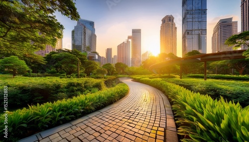 a winding stone path leads through a lush green park toward tall buildings in the golden morning light concept of urban sustainability peaceful coexistence and green city planning
