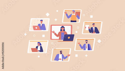 Illustration of a video conference with multiple participants on screens and a central presenter