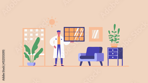 Doctor holding x ray in a cozy room with a chair plant and cabinet in a pastel color scheme