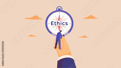A man standing on a hand holding a compass with the word ethics written on it against a light background