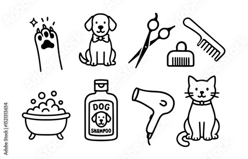 Vector illustration of pet grooming essentials. Featuring dog and cat care icons like shampoo, scissors, comb, and dryer. Perfect for pet care, grooming services, and veterinary use.