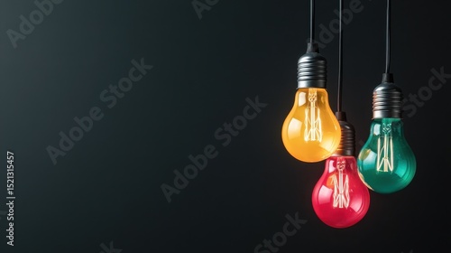 Three vibrant light bulbs hanging in a row against a dark background, emphasizing a playful and creative ambiance ideal for modern design and innovative concepts.