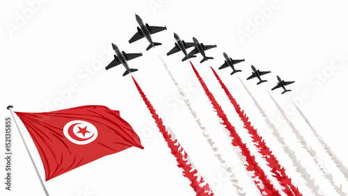 Tunisian air force jets flying in formation with flag
