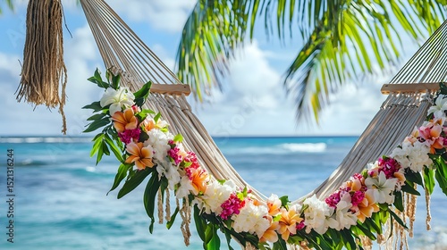 A relaxing hammock adorned with vibrant tropical flowers gently sways in a soft ocean breeze on a pristine beach, offe a tranquil escape under swaying palm trees.