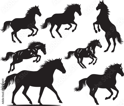 Black horse silhouettes vector graphic design equestrian animal equine mustang stallion mare racehorse art