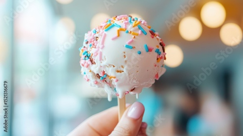 A mouthwatering ice cream cone adorned with colorful sprinkles, capturing the joy and happiness associated with indulging in delicious treats during sunshiny days.