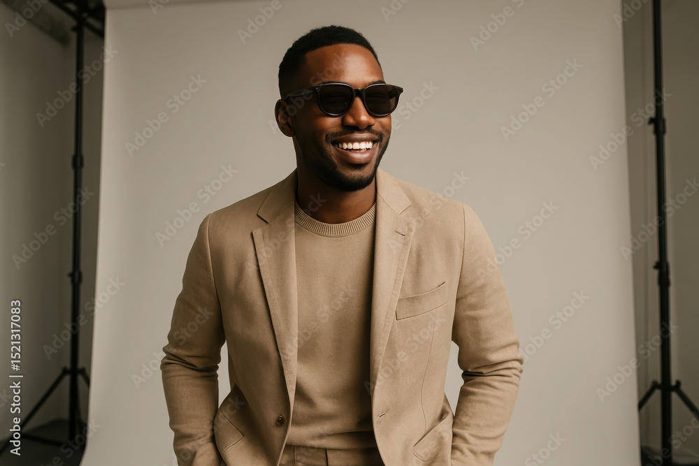 Obraz premium Stylish man wearing sunglasses and a beige suit poses confidently in a modern studio setting with neutral backdrop