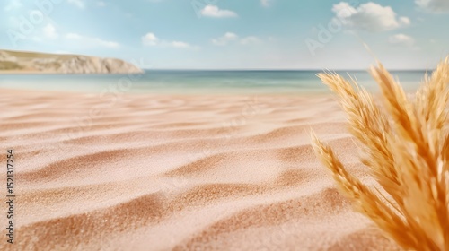 A scenic beach scene with soft sand and pampas grass offers ample copy space for text perfect for summer travel brochures or website banners showcasing tranquil beach vibes.