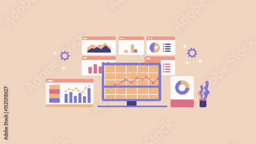 Illustration of a computer screen displaying a line graph with various data charts around it