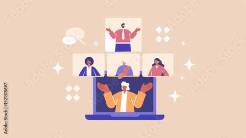 Illustration of a video conference call with five participants on a laptop screen display view