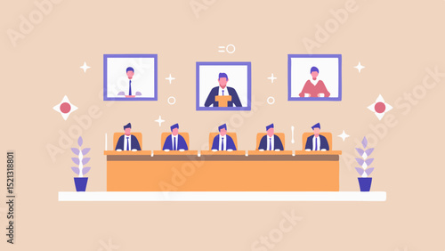 Illustration of a meeting with people at desks and portraits on the wall in a light colored room