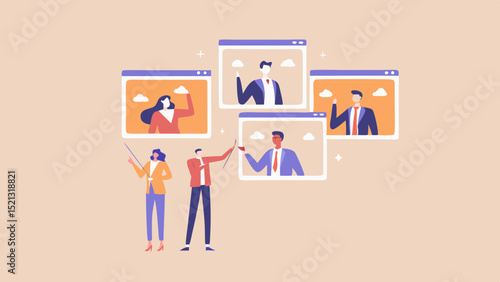 People presenting to online meeting attendees through web windows with virtual backgrounds shown