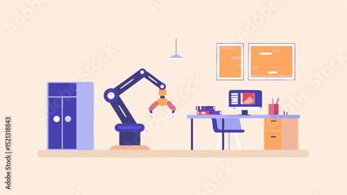 Illustration of a robotic arm in an office setting with desk computer and filing cabinet present