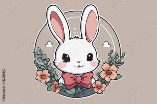 Cute White Bunny with Bowtie and Flowers