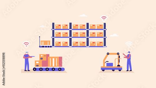 Illustration of warehouse automation with workers moving boxes and using machinery for efficiency