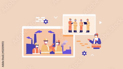 Illustration of industrial workers wearing masks and hard hats in a factory setting and meeting scene
