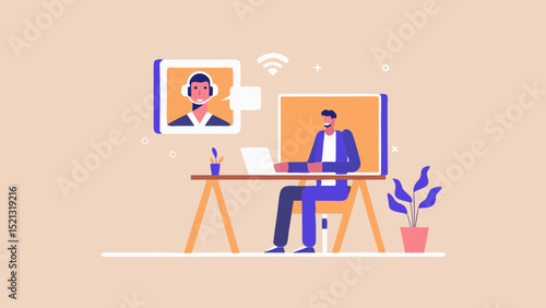 A cartoon illustration of a man on a video call working from home with a plant and a desk setup