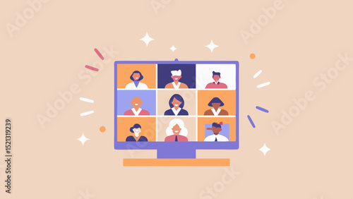 Online meeting on computer screen with nine diverse participants in a virtual conference call setting shown