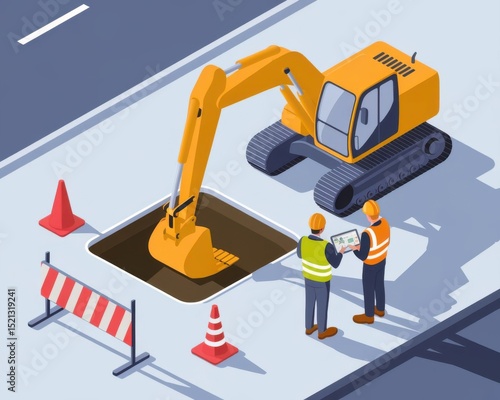 Isometric view of road construction site with excavator and engineers planning