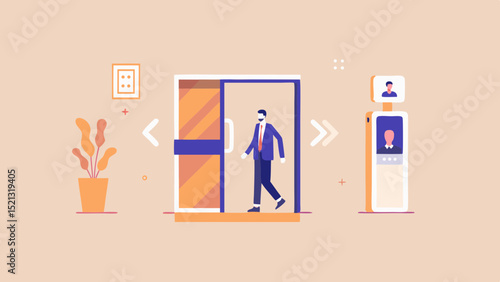 Man in suit walking through automatic door with face recognition technology in a modern setting