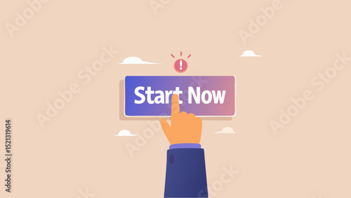 Hand pressing the start now button with gradient background and exclamation mark above it in the sky