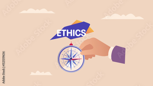 Illustration of a hand holding a compass with the word ethics above it in a stylized design