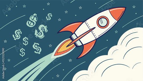Illustration of a rocket launching upwards surrounded by dollar signs and stars in the night sky background